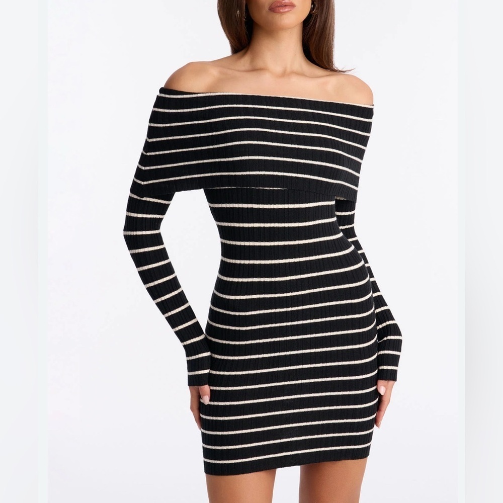A Ellen Black and White Striped Off-Shoulder Dress M